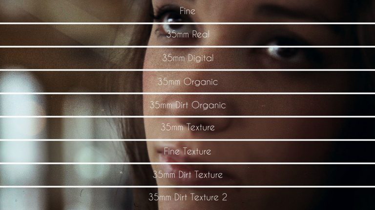Close-up of a woman's face with Grainzilla 4K film grain overlays applied, labeled by grain type