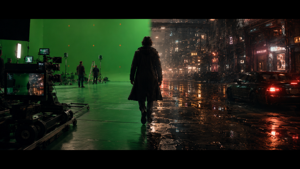 Figure in a long coat walking down a rainy neon street toward a green screen film set