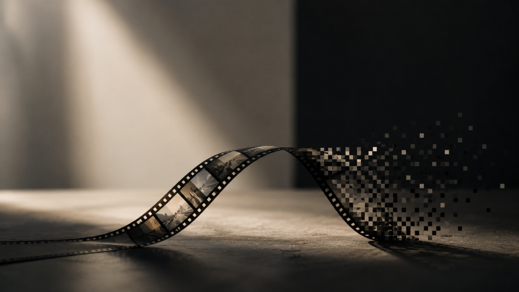 Strip of motion picture film dissolving into digital pixels in a beam of light