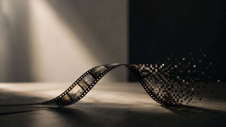Strip of motion picture film dissolving into digital pixels in a beam of light