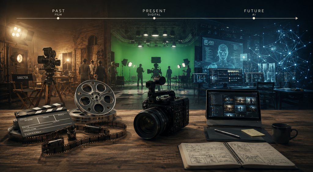 Film camera, projector and film reels on a desk in front of digital and virtual production screens, past present and future of filmmaking