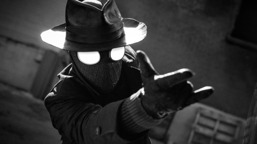 Nicolas Cage in costume as Spider-Noir's black-and-white detective look, Prime Video. Photo: Aaron Epstein/Prime Video.