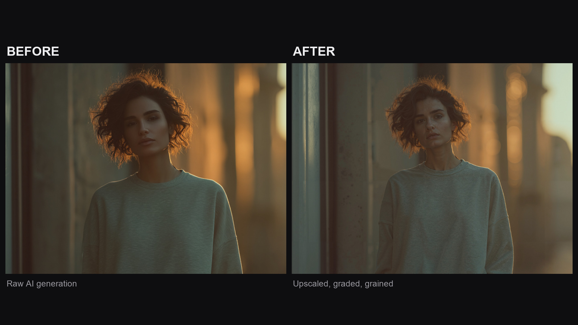 Side-by-side comparison of an AI-generated frame: raw output on the left, and the same frame after upscaling, color grading, and a film grain pass on the right