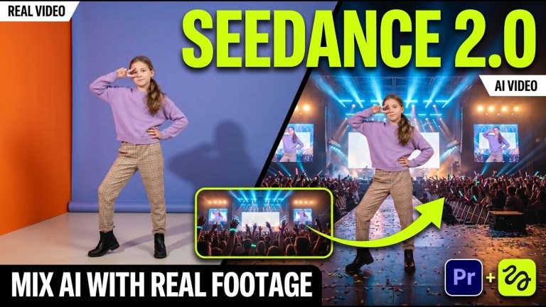 Split-screen comparison showing real footage of a girl on the left transformed into an AI-generated concert scene on the right, demonstrating Higgsfield's Seedance 2.0 plugin for Premiere Pro