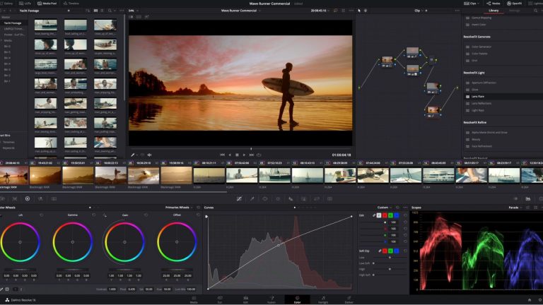 DaVinci Resolve Color page with color wheels, node graph and scopes
