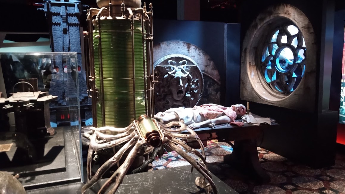 Frankenstein creature laboratory set piece with creation apparatus, from the Frankenstein: Crafting a Tale Eternal exhibit of Guillermo del Toro's 2025 film