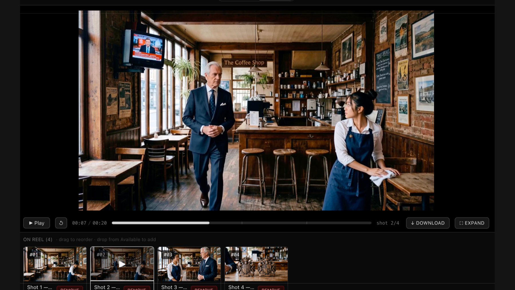Utopai PAI 2.0 timeline interface showing a generated scene with shot thumbnails, from the official product demo