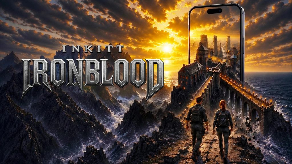 Inkitt Ironblood key art: two soldiers walking toward a fortress at sunset beside a phone screen, from Inkitt's AI film studio launch