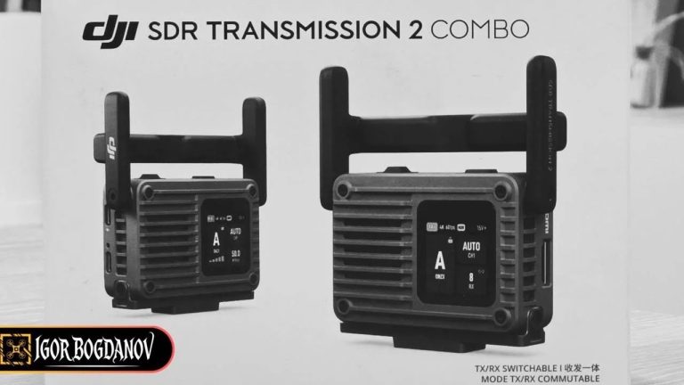 DJI SDR Transmission 2 Combo transceiver units with fold-out antennas, showing the TX/RX switchable design