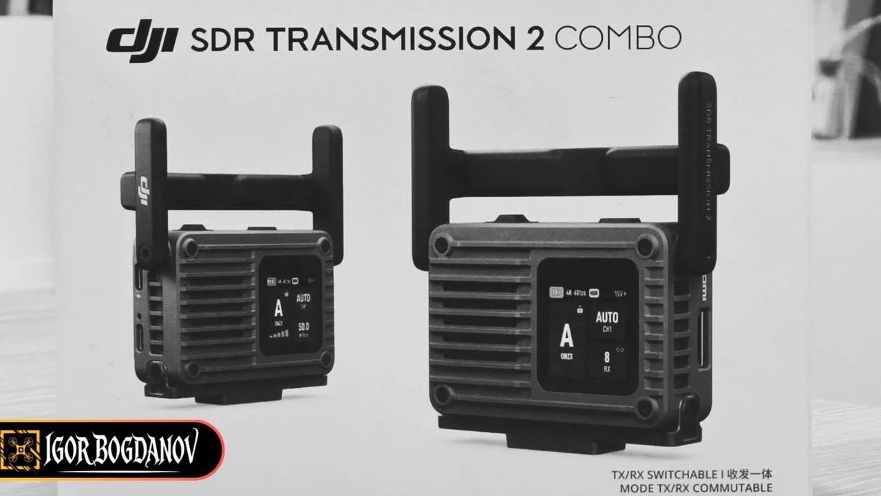 DJI SDR Transmission 2 Combo transceiver units with fold-out antennas, showing the TX/RX switchable design