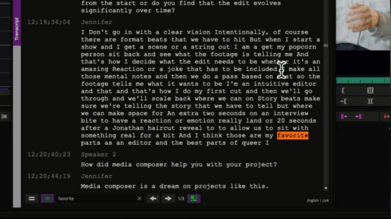 Avid Media Composer 2026.8 interface showing the transcript panel and bin, with on-screen text reading Media Composer is a dream on projects like this