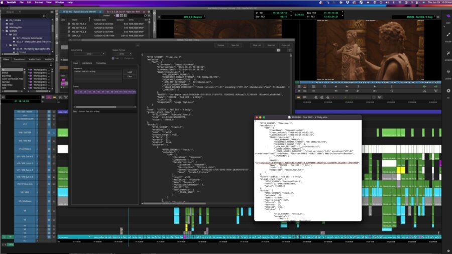 Avid Media Composer 2026.8 bin and timeline interface with an OpenTimelineIO export panel open