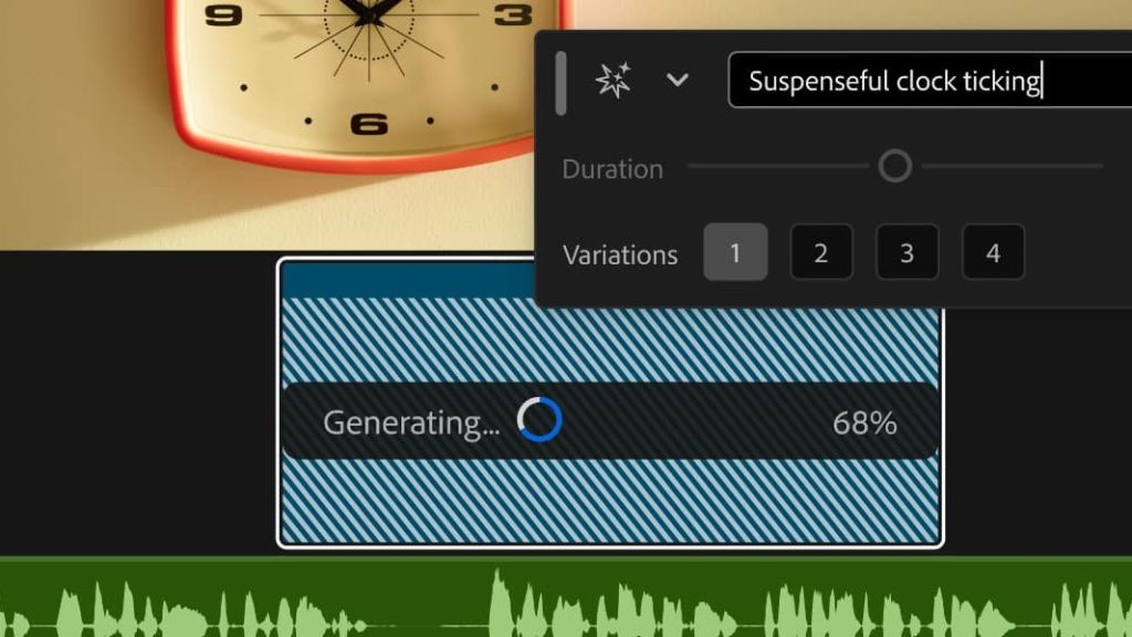Screenshot of the Adobe Premiere Generative Media Tool prompt bar generating a sound effect in the timeline