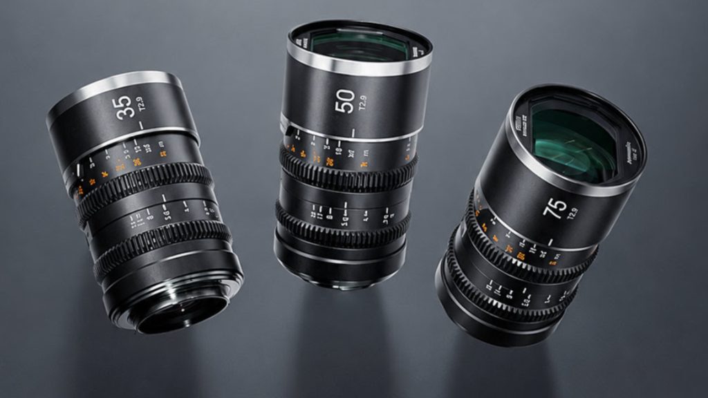 The SIRUI Saturn V2 35mm, 50mm, and 75mm T2.9 anamorphic cinema lenses arranged together