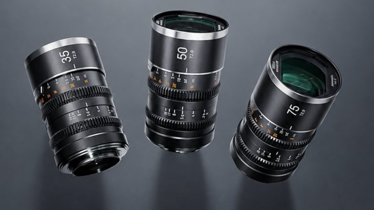 The SIRUI Saturn V2 35mm, 50mm, and 75mm T2.9 anamorphic cinema lenses arranged together