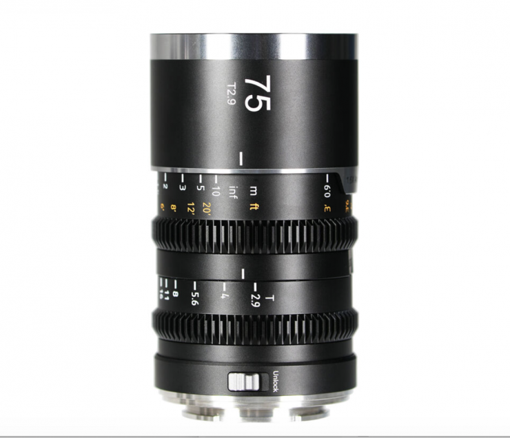 The SIRUI Saturn V2 75mm T2.9 anamorphic lens showing the Unlock switch used to rotate the barrel between horizontal and vertical orientation