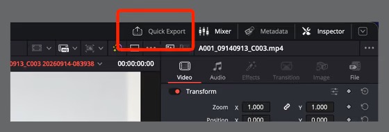 The Quick Export button highlighted in DaVinci Resolve's edit page toolbar
