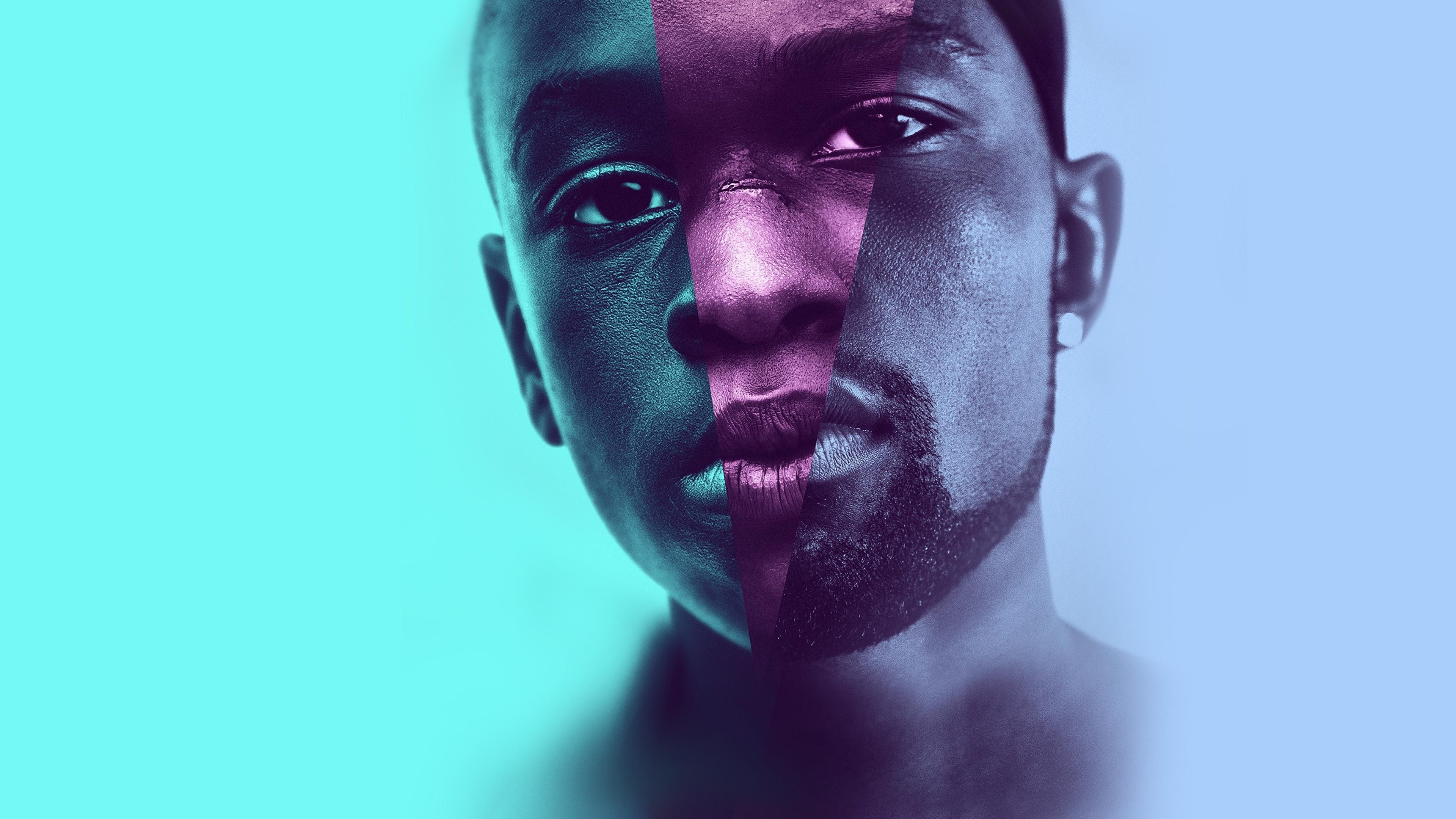 Official Moonlight (2016) key art showing Chiron's face split into the film's three chapter color grades: teal, magenta, and blue, credit A24