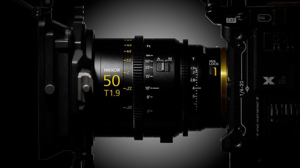 Nikon NIKKOR Z Cinema 50mm T1.9 VV prime lens mounted on a cinema camera rig