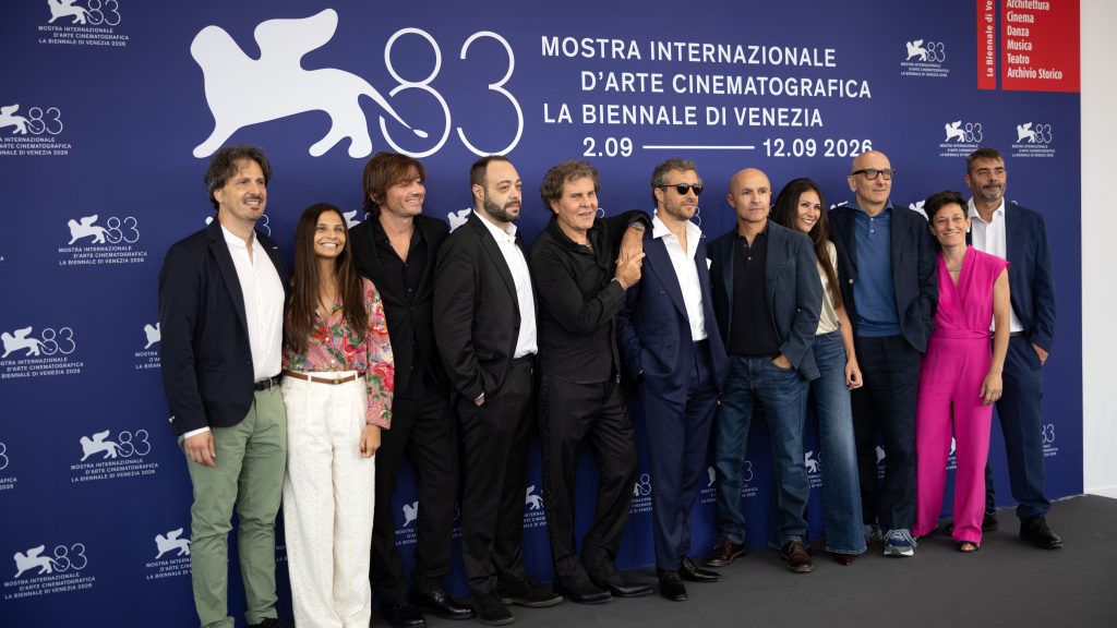 Be Brave director Francesco Carrozzini, Diesel founder Renzo Rosso, and producer Lorenzo Mieli pose with the film's team at the 83rd Venice International Film Festival photocall