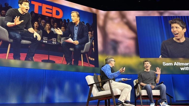 Sam Altman, OpenAI CEO, speaking on stage in a TED interview