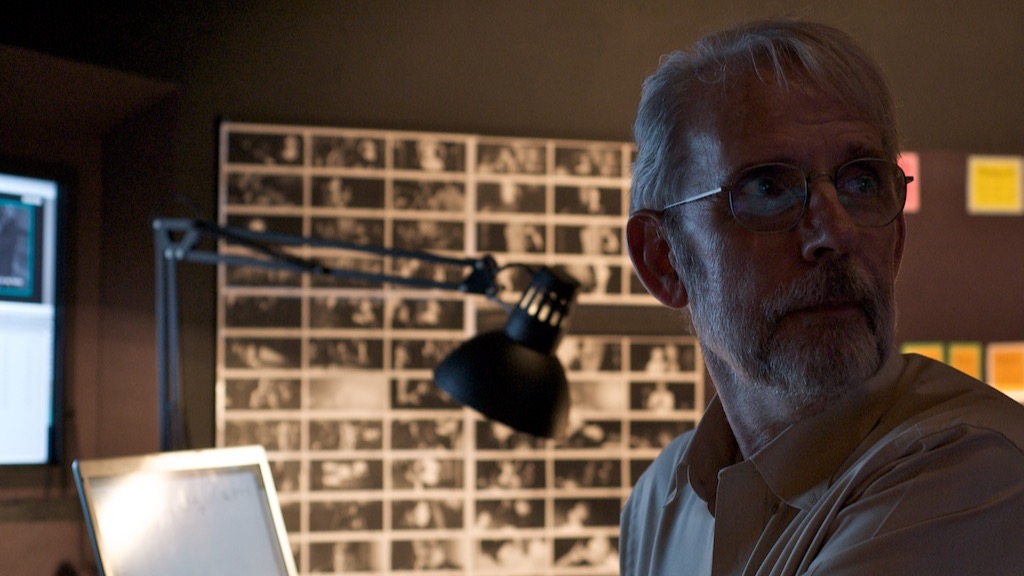 Film editor Walter Murch working at an editing bench on the set of Tetro in Buenos Aires