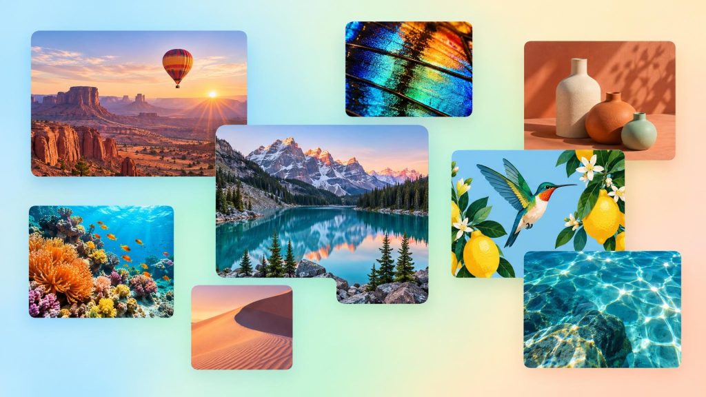 Collage of Canva Craft generated images: a hot air balloon over a desert canyon, an alpine lake, coral reef, lemons with a hummingbird and ceramic vases