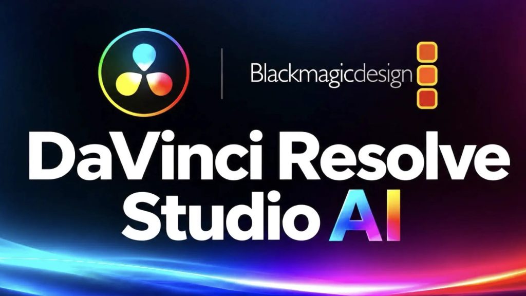 Graphic reading DaVinci Resolve Studio AI with the DaVinci Resolve logo and the Blackmagic Design logo on a dark gradient background