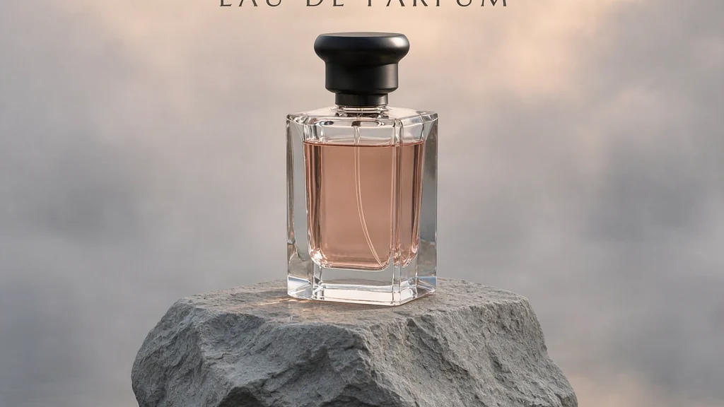 Cover image from ComfyUI Wiki's Fibo 2.0 article: a rose-colored perfume bottle on a grey rock against a cloudy sky