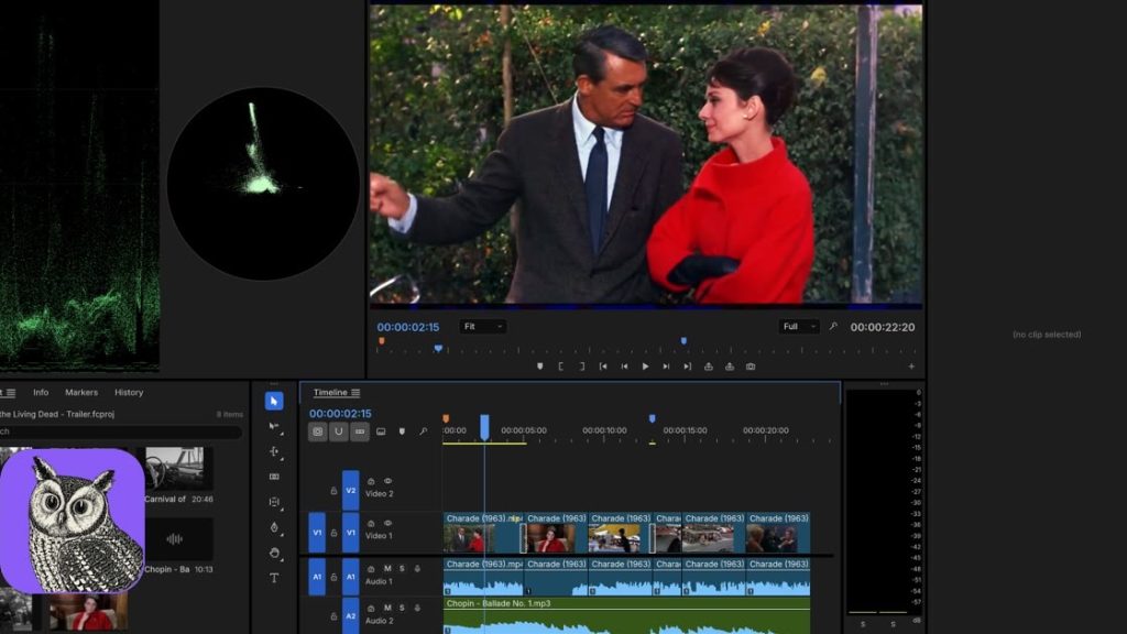 Filmcraft open-source video editor showing a Premiere-style timeline with scopes, program monitor and audio meters on a film trailer project