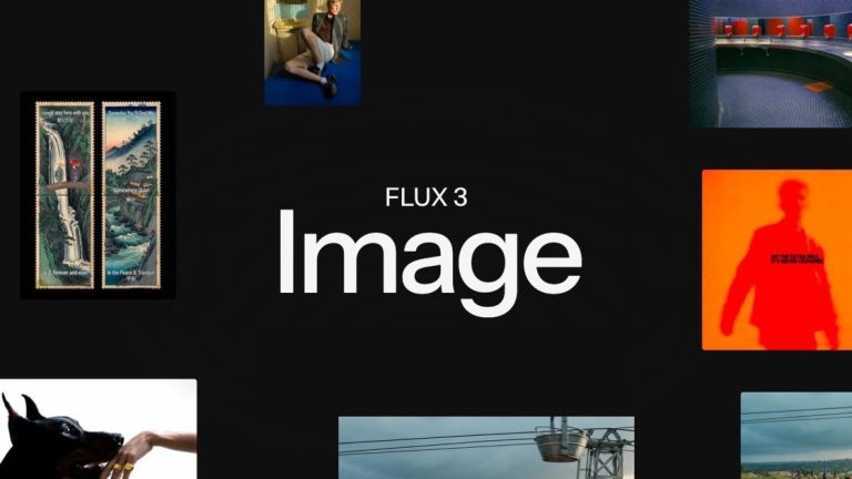 FLUX 3 Image launch graphic from Black Forest Labs showing sample generated images including a poster layout, a portrait and a cable car around the title