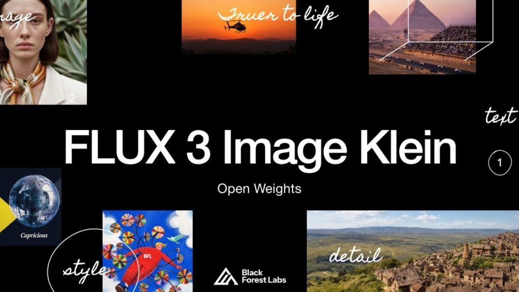 Black Forest Labs FLUX 3 Image Klein open weights graphic with sample generated images: a portrait, a helicopter at sunset, Egyptian pyramids and a hillside village