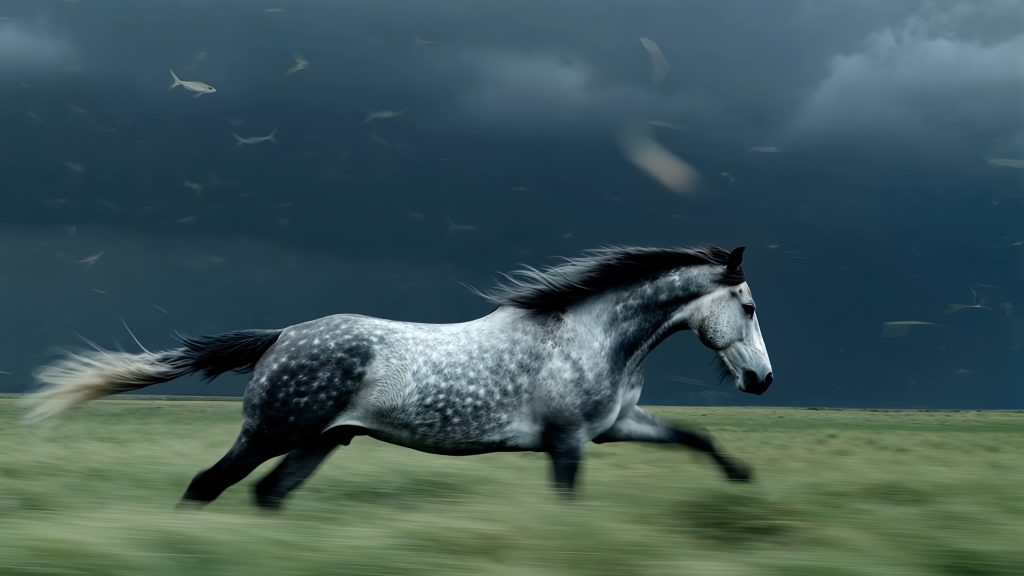 FLUX 3 video sample frame: a dapple-grey horse galloping across a green field under a dark storm sky with motion blur