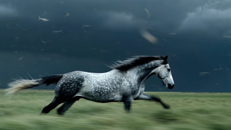 FLUX 3 video sample frame: a dapple-grey horse galloping across a green field under a dark storm sky with motion blur