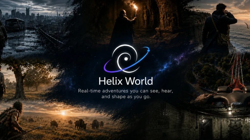 Helix World cover art showing a collage of explorable scenes: a ruined city, a torch-lit cave, a coastline and a roller coaster