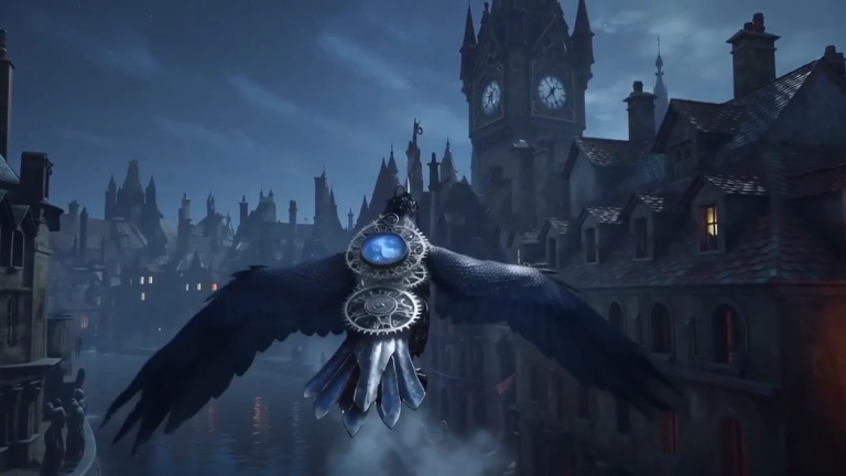 Hy-Nomas gallery frame: a clockwork raven with a glowing blue moon-phase dial in its chest flies over a moonlit Gothic city with a clock tower