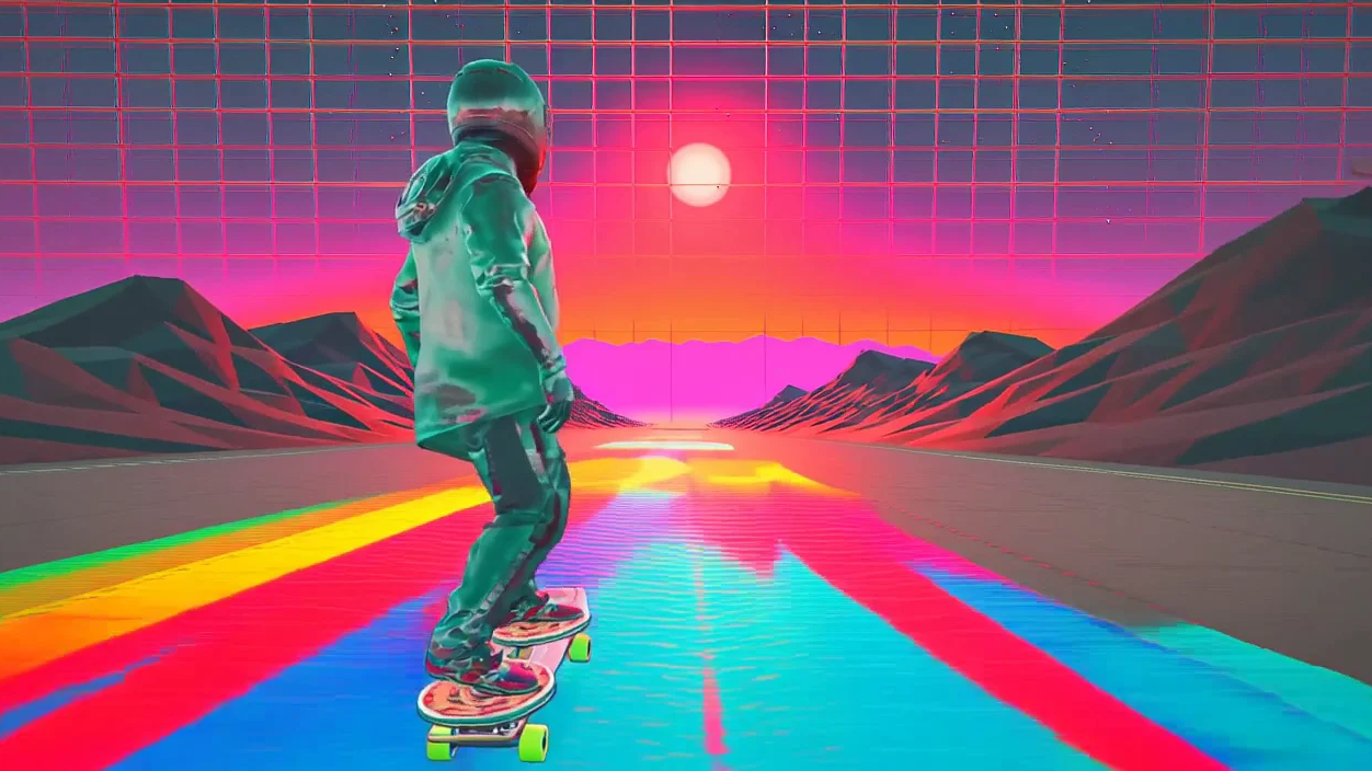 Hy-Nomas gallery frame: a neon-green skateboarder in a mirrored helmet rides a rainbow-lit highway toward a giant sunset in a synthwave desert
