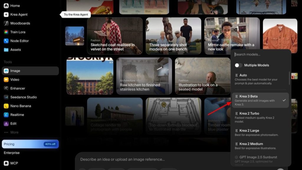 Krea app with Krea 3 Beta selected in the model menu over a grid of image editing examples