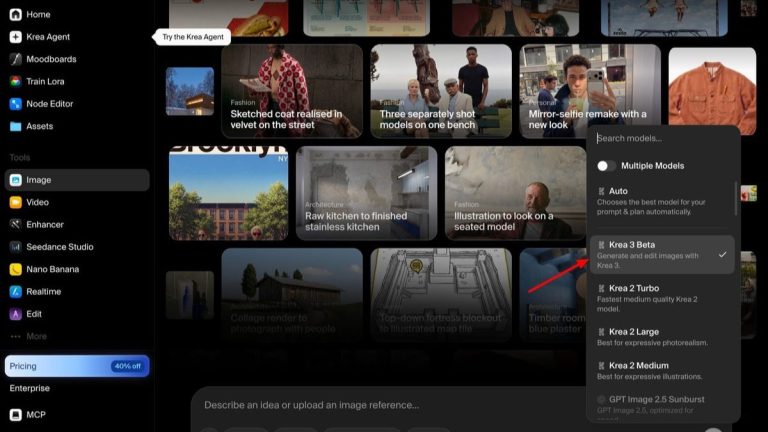Krea app with Krea 3 Beta selected in the model menu over a grid of image editing examples