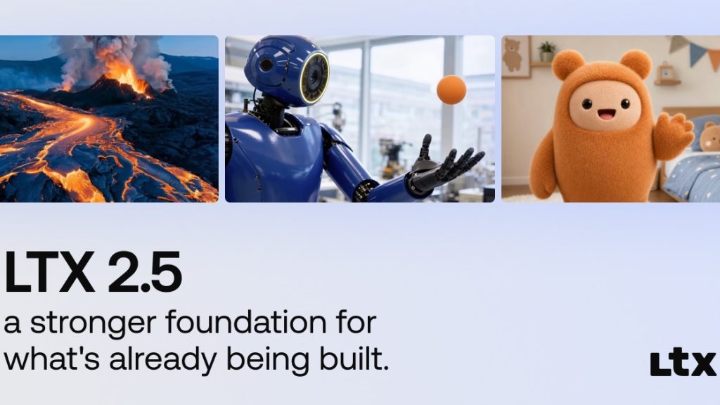 Lightricks LTX 2.5 launch graphic showing sample generated frames: a lava flow, a blue robot tossing an orange ball and a fuzzy orange character