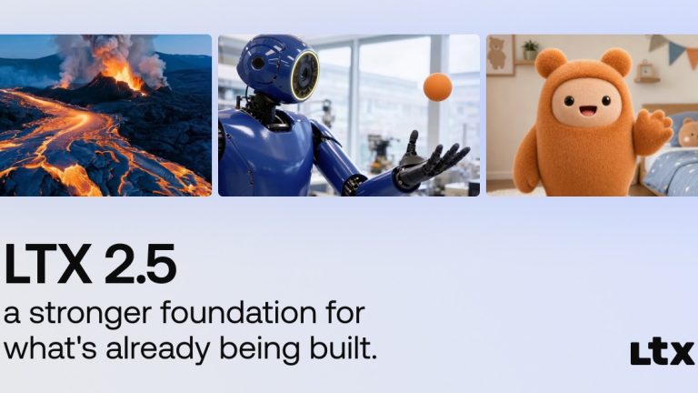 Lightricks LTX 2.5 launch graphic showing sample generated frames: a lava flow, a blue robot tossing an orange ball and a fuzzy orange character