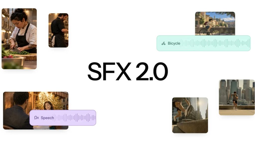 Mirelo SFX 2.0 launch graphic with video thumbnails of a chef, a cyclist and a runner, each paired with a labeled audio waveform