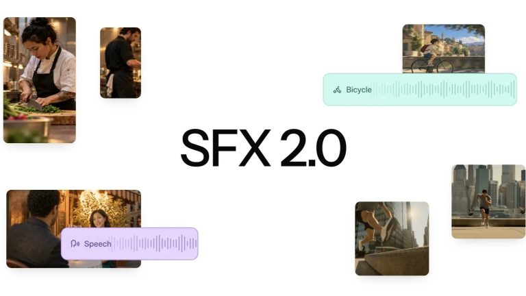 Mirelo SFX 2.0 launch graphic with video thumbnails of a chef, a cyclist and a runner, each paired with a labeled audio waveform