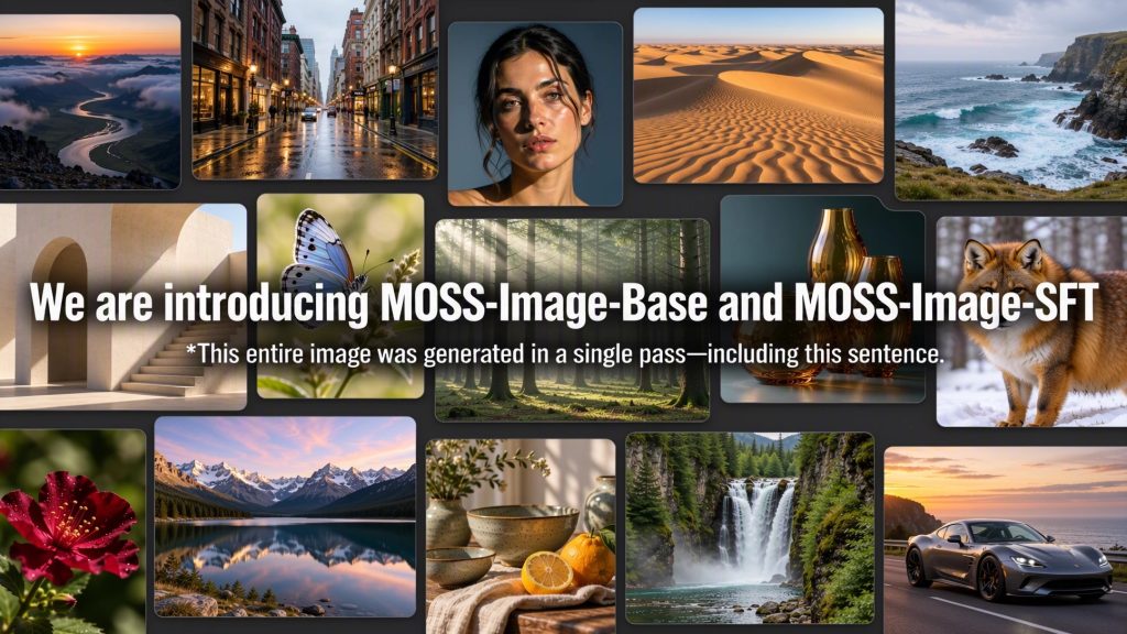 MOSS-Image launch collage of generated landscapes, a portrait, a car and still lifes with the headline introducing MOSS-Image-Base and MOSS-Image-SFT