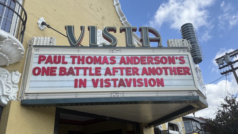Vista Theater sign presenting One Battle After Another in VistaVision, Los Angeles — photographed October 2025