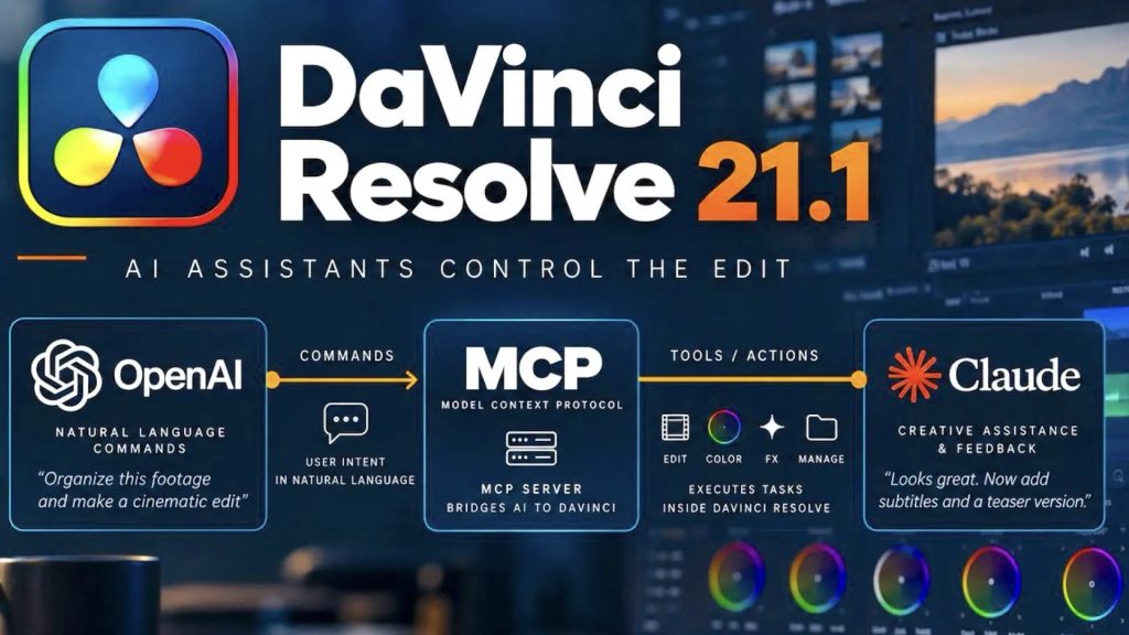 DaVinci Resolve 21.1 title graphic showing OpenAI and Claude connecting through an MCP server to edit, color, FX and media tools
