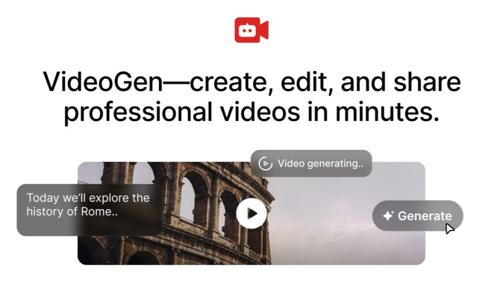 VideoGen website graphic with a prompt about the history of Rome beside a Colosseum clip and a Generate button